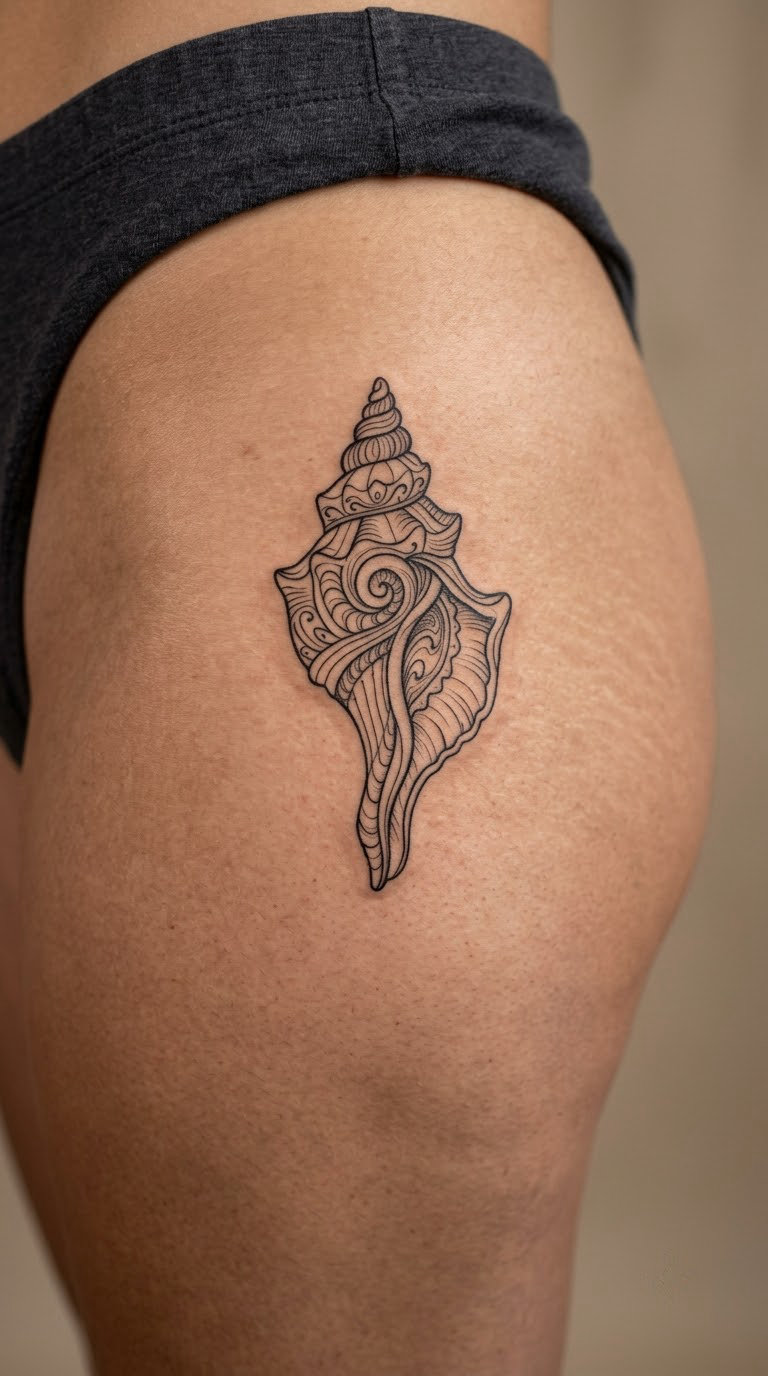 Fine-Line Seashell on the Hip
