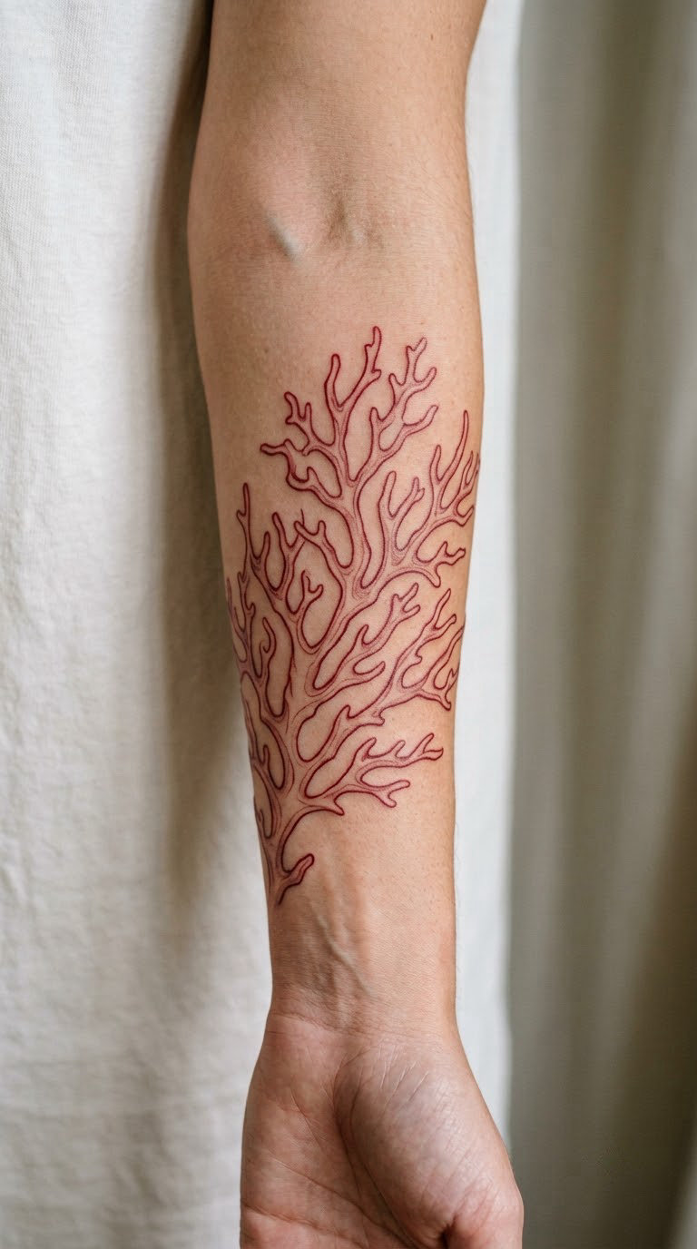 Coral Branch in Red Ink on the Forearm