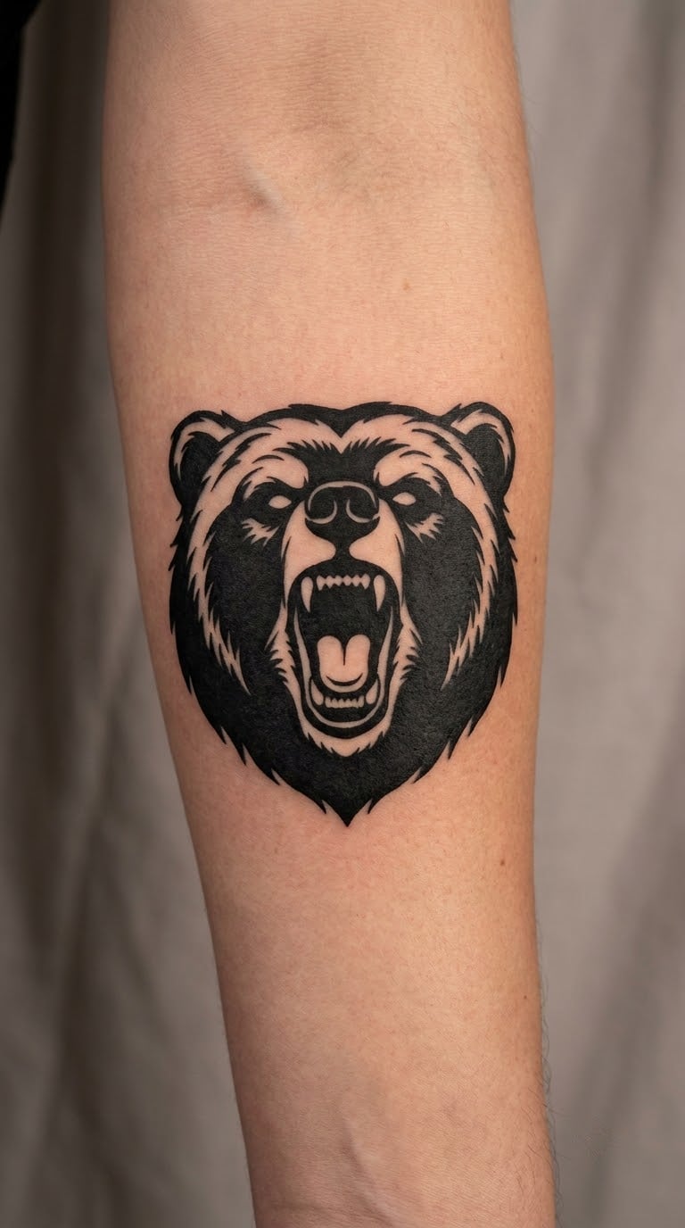 Roaring Blackwork Bear Head