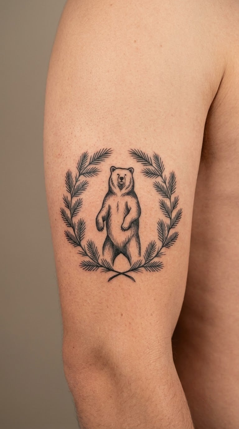 Blackwork Bear in a Pine Circle