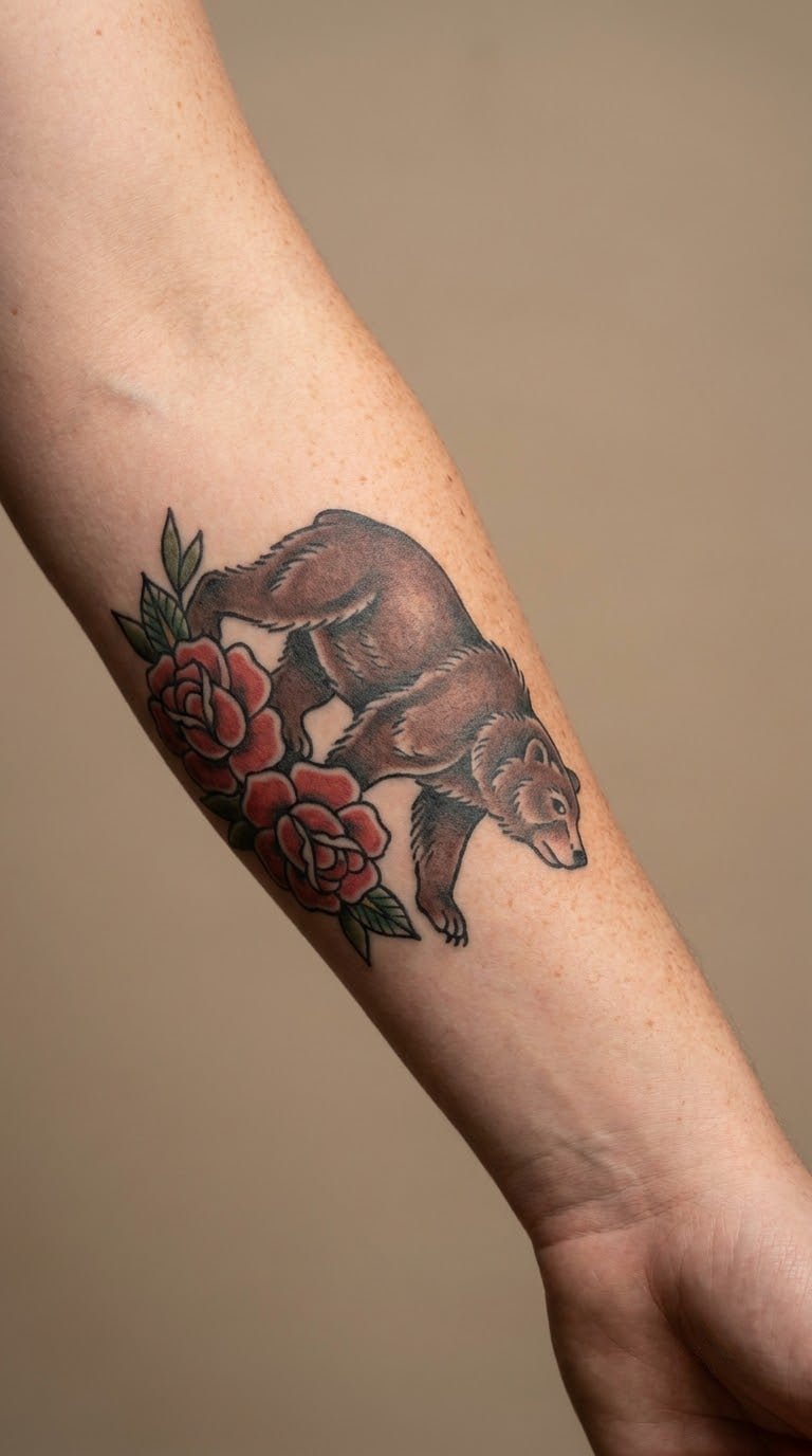 Traditional Rose-and-Bear Forearm Tattoo