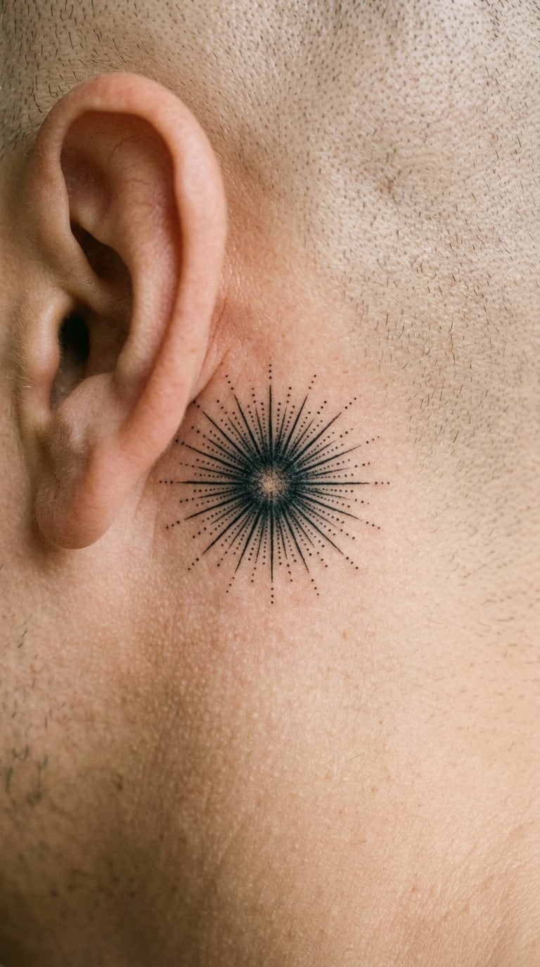 Dotwork Sunburst Radiating From Behind the Ear