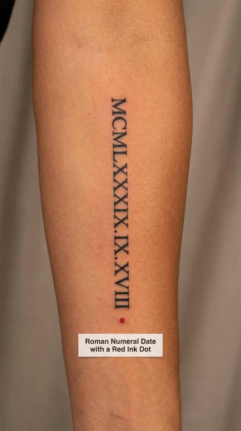 Roman Numeral Date with a Red Ink Dot