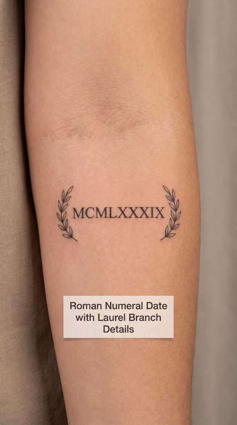 Roman Numeral Date with Laurel Branch Details