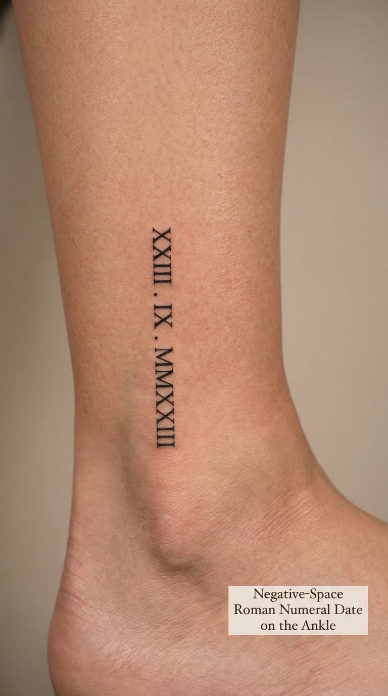 Negative-Space Roman Numeral Date on the Ankle