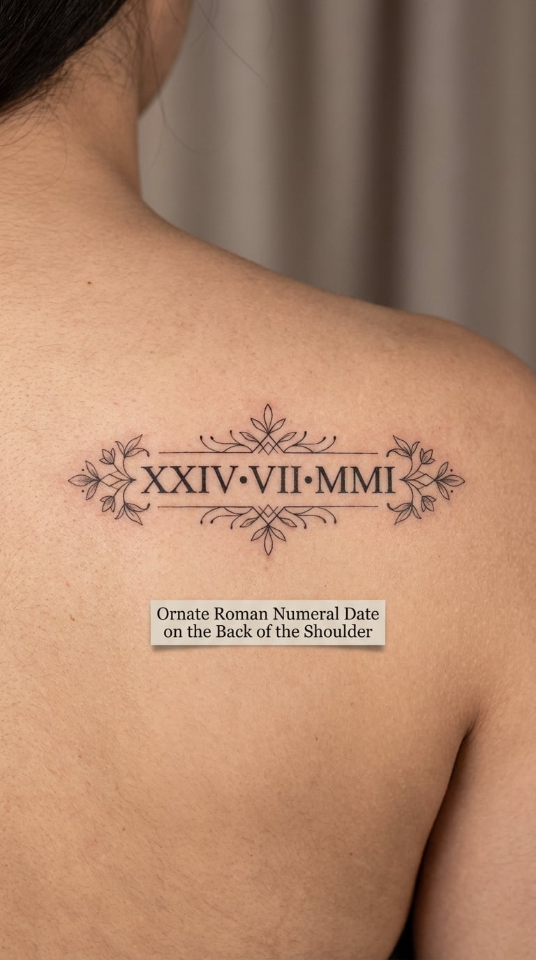 Ornate Roman Numeral Date on the Back of the Shoulder