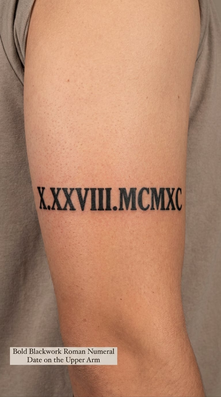 Bold Blackwork Roman Numeral Date on the Upper Arm