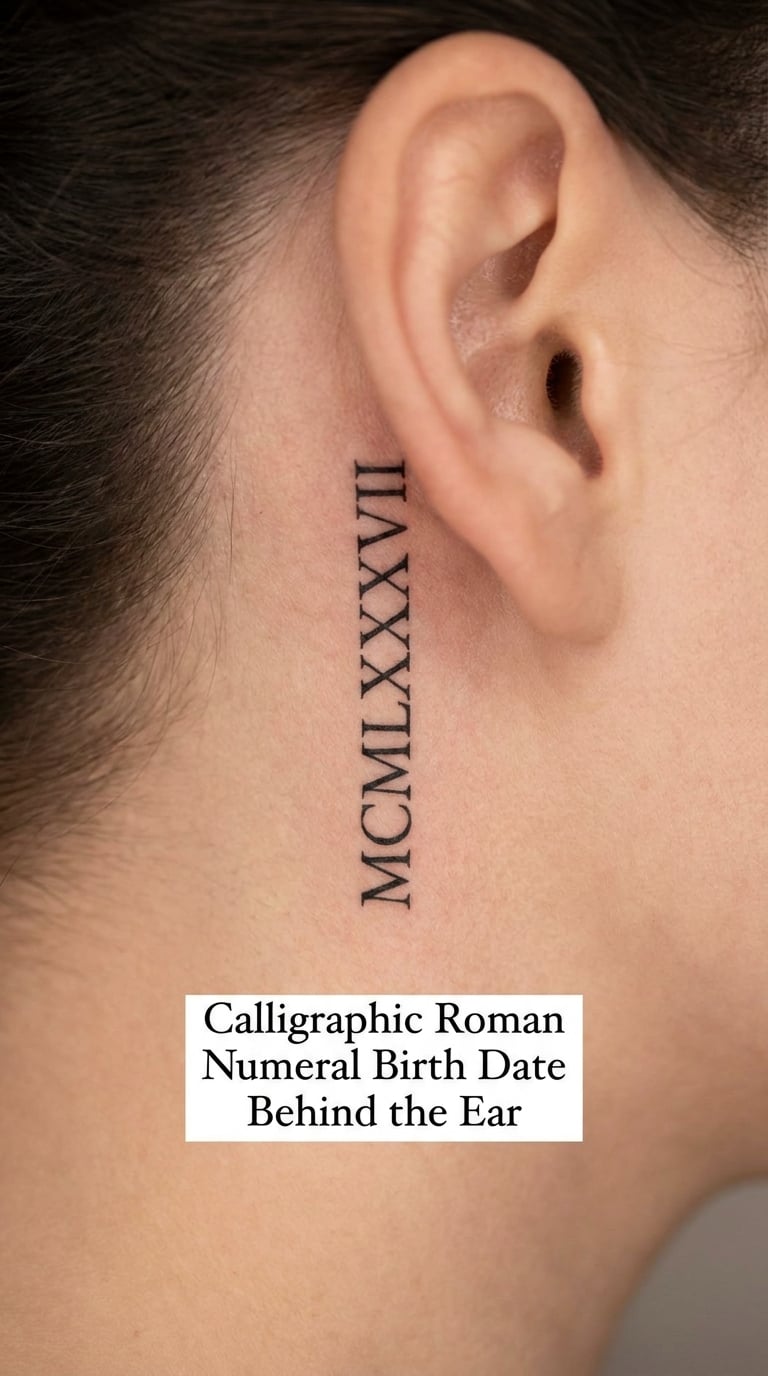 Calligraphic Roman Numeral Birth Date Behind the Ear