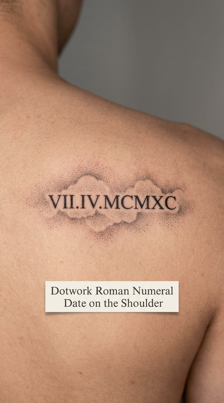 Dotwork Roman Numeral Date on the Shoulder