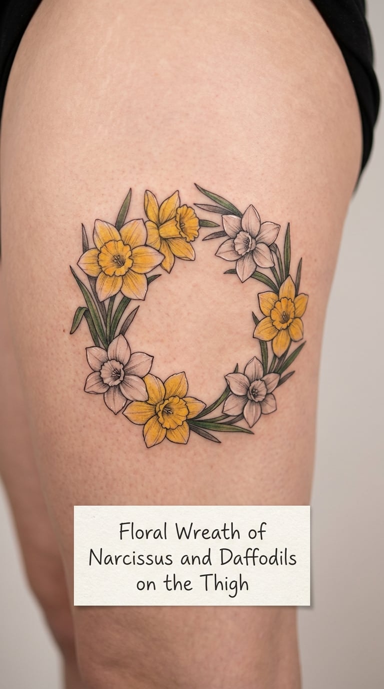 Floral Wreath of Narcissus and Daffodils on the Thigh