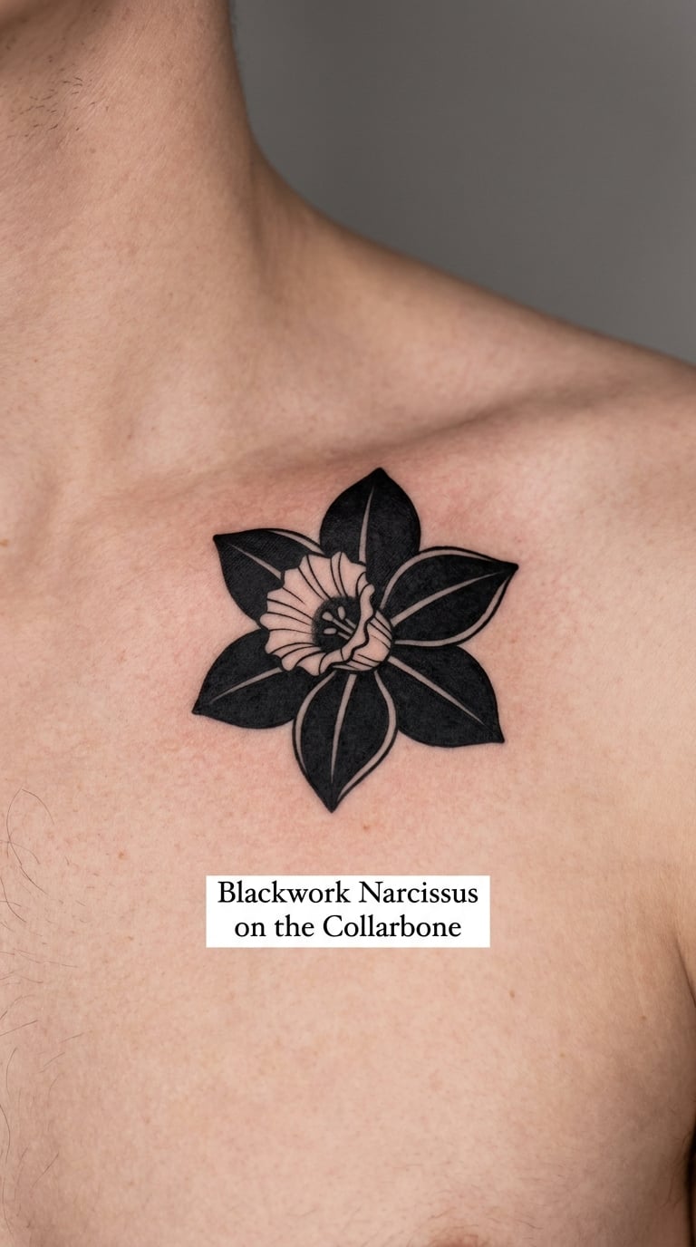 Blackwork Narcissus on the Collarbone