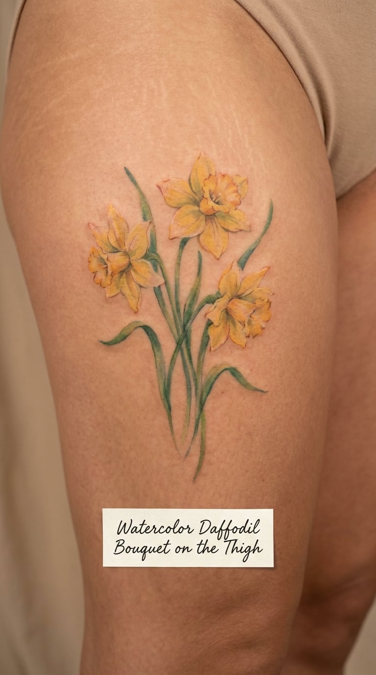 Watercolor Daffodil Bouquet on the Thigh