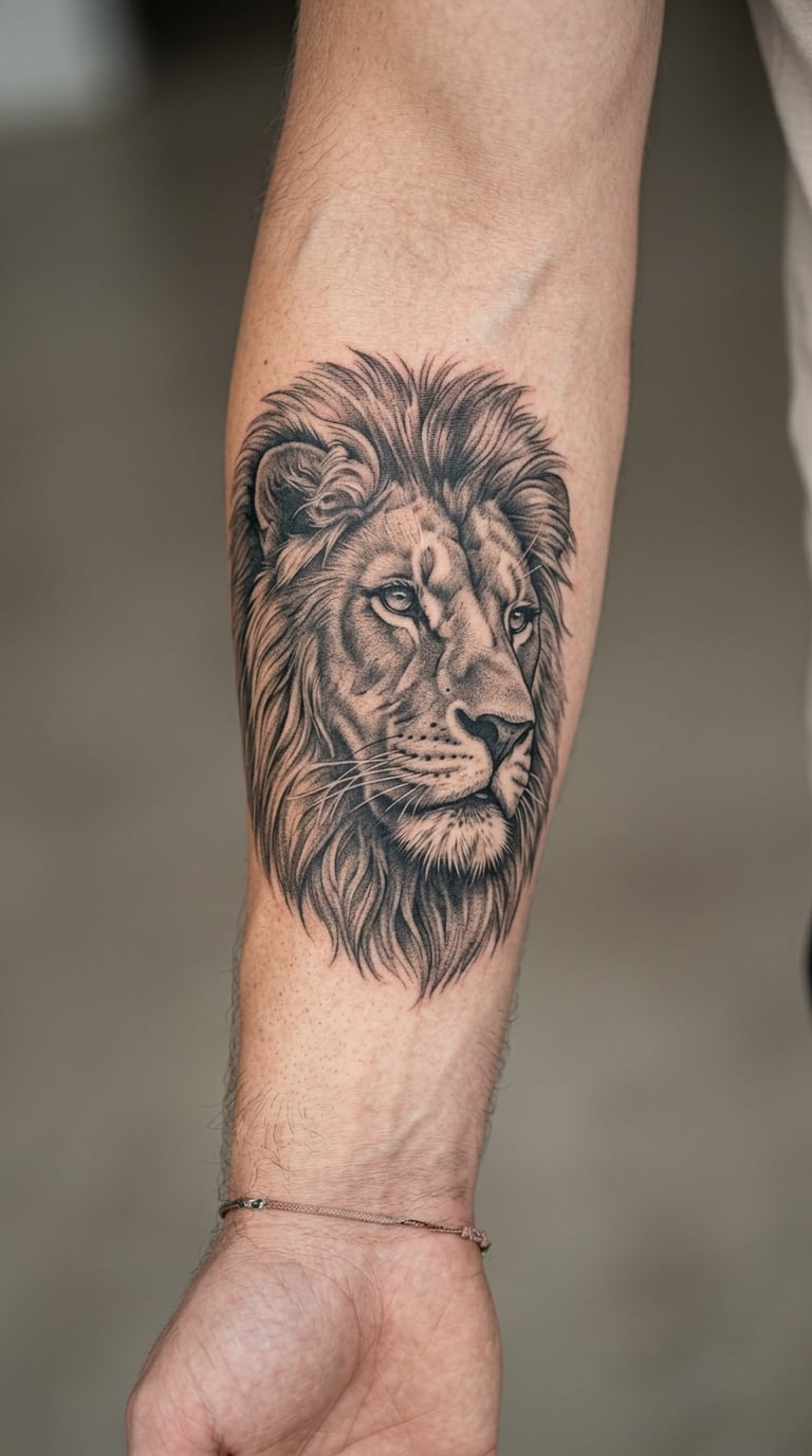 Black and Gray Lion Portrait on the Forearm