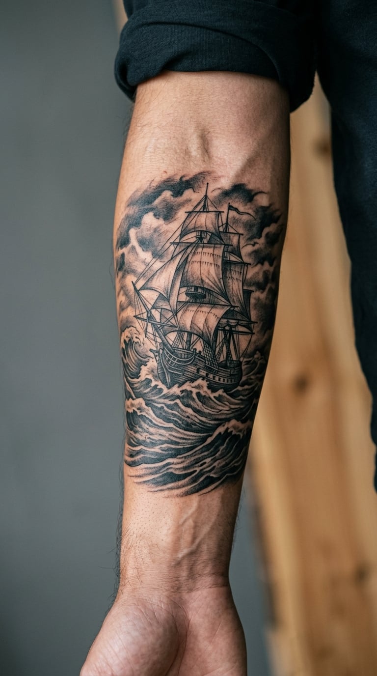 Blackwork Ship and Storm Waves on the Forearm