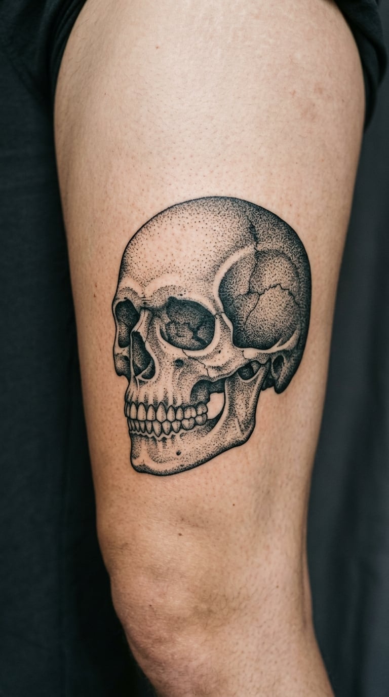 Dotwork Skull on the Side of the Leg