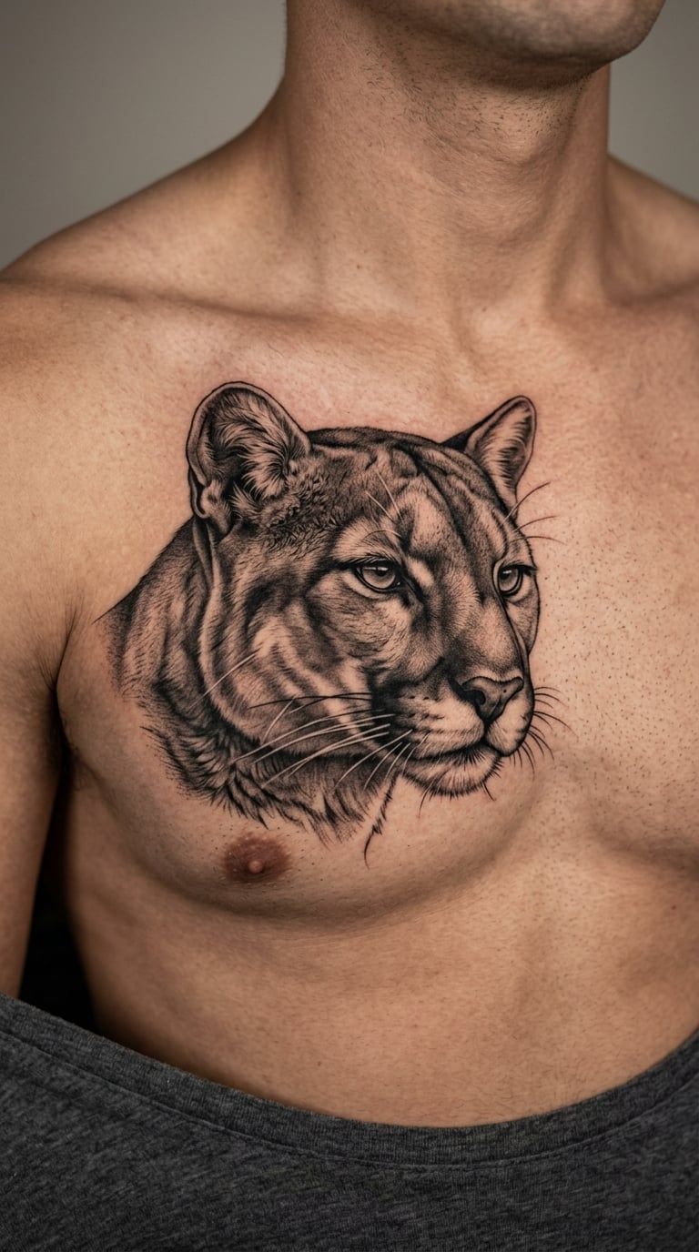 Black-Gray Mountain Lion on the Chest