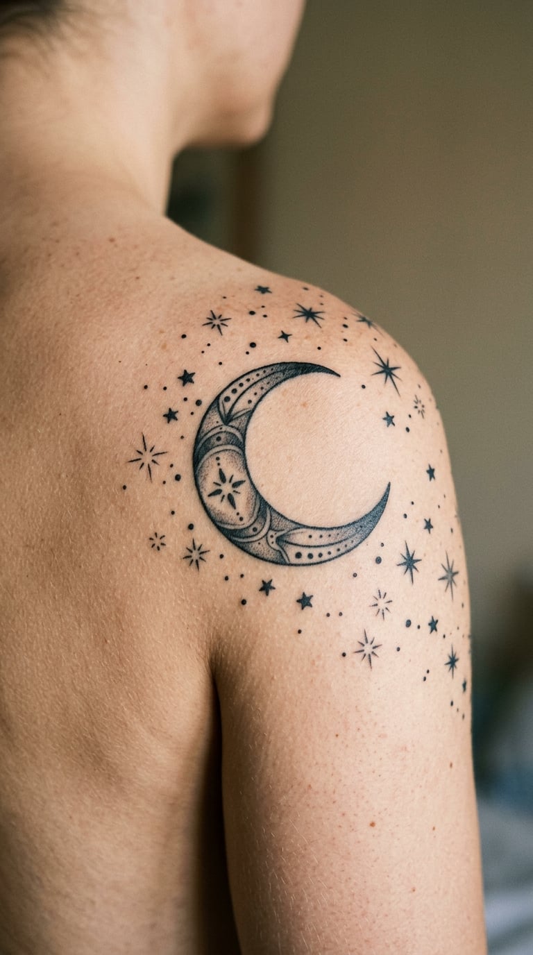 Blackwork Crescent Moon and Stars on the Shoulder