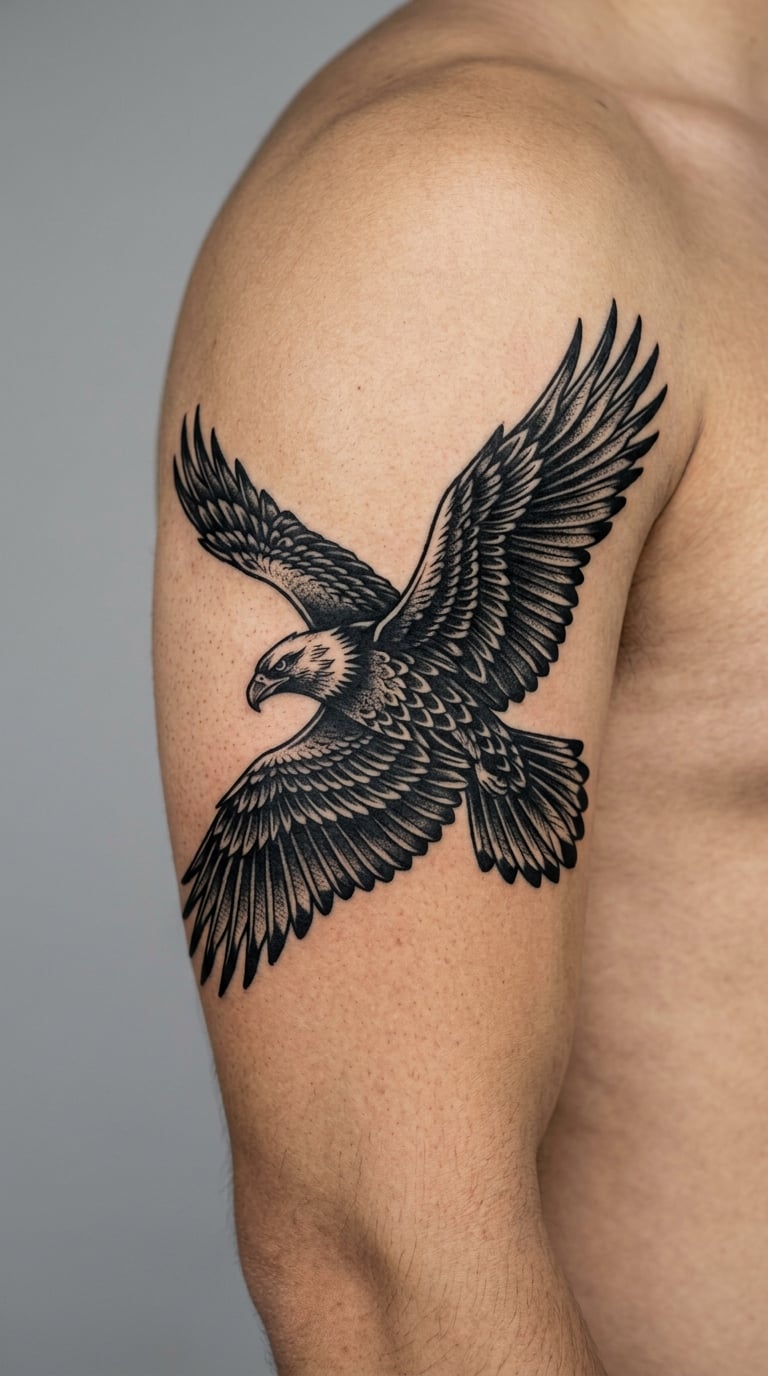 Blackwork Eagle Across the Upper Arm