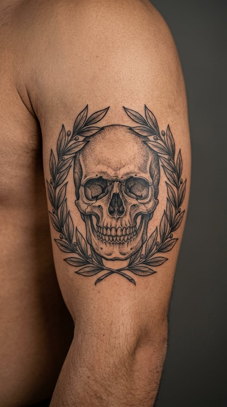 Black-Gray Skull with Laurel Wreath on the Biceps