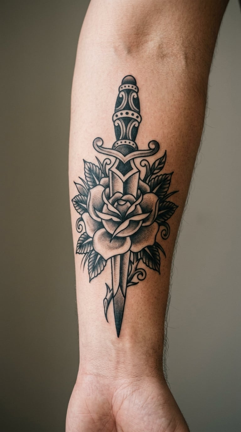 Traditional Rose and Dagger on the Forearm