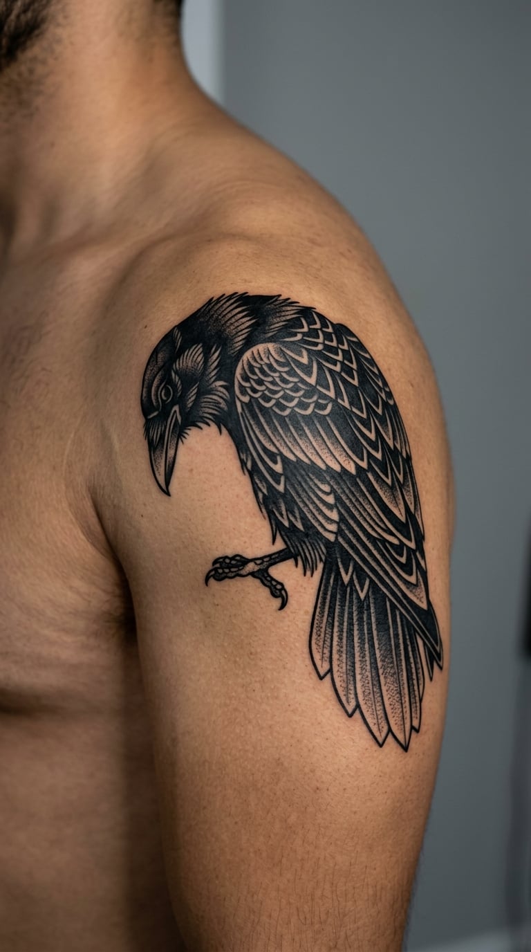 Blackwork Norse Raven on the Shoulder