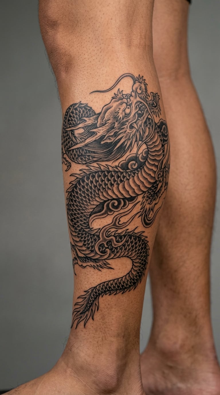 Gray-Wash Japanese Dragon Wrapping the Calf