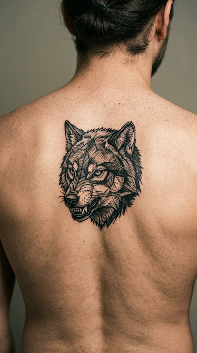 Blackwork Wolf Head on the Shoulder Blade