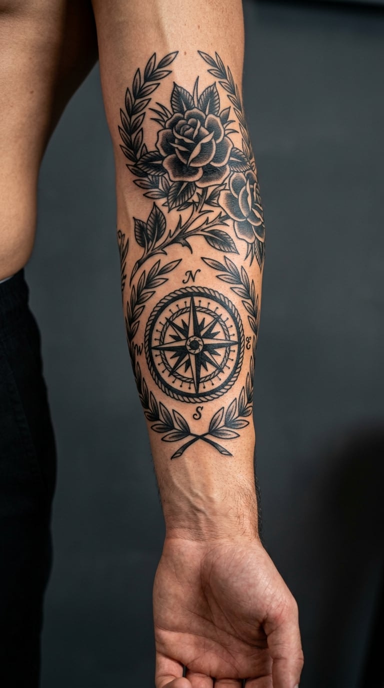 Traditional Rose, Compass, and Laurel Sleeve