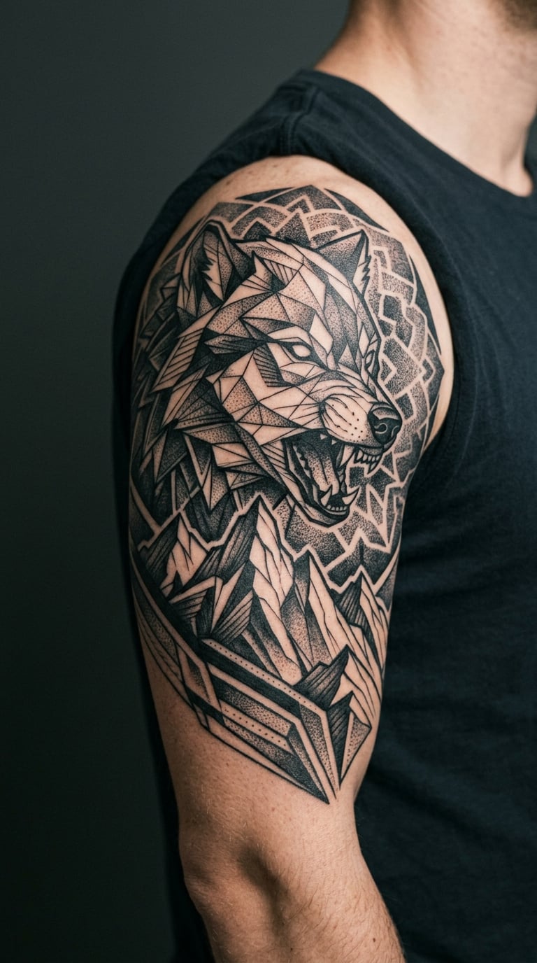 Wolf Head with Geometric Background