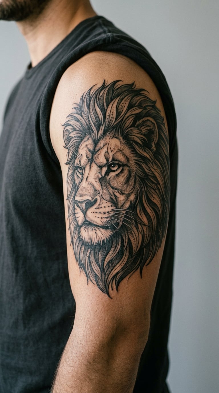 Lion Portrait Blackwork Sleeve