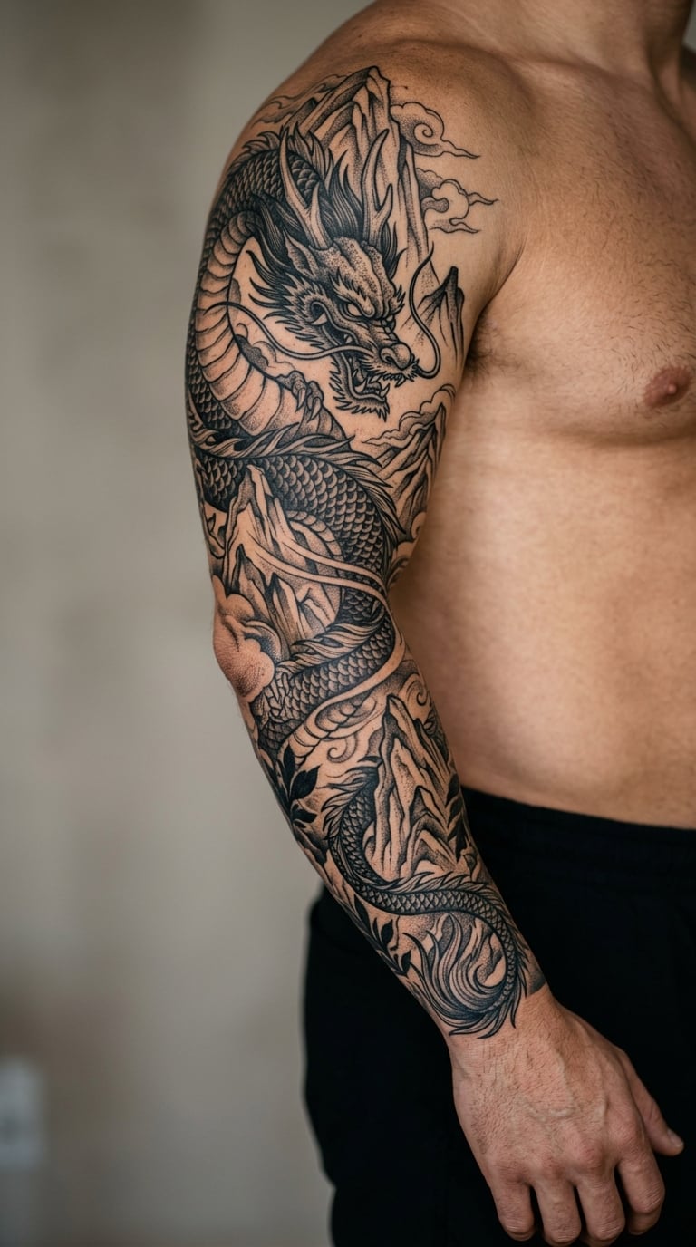 Blackwork Dragon and Mountain Sleeve