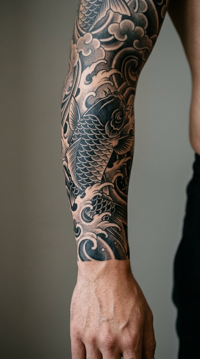 Japanese-Style Koi and Wave Sleeve
