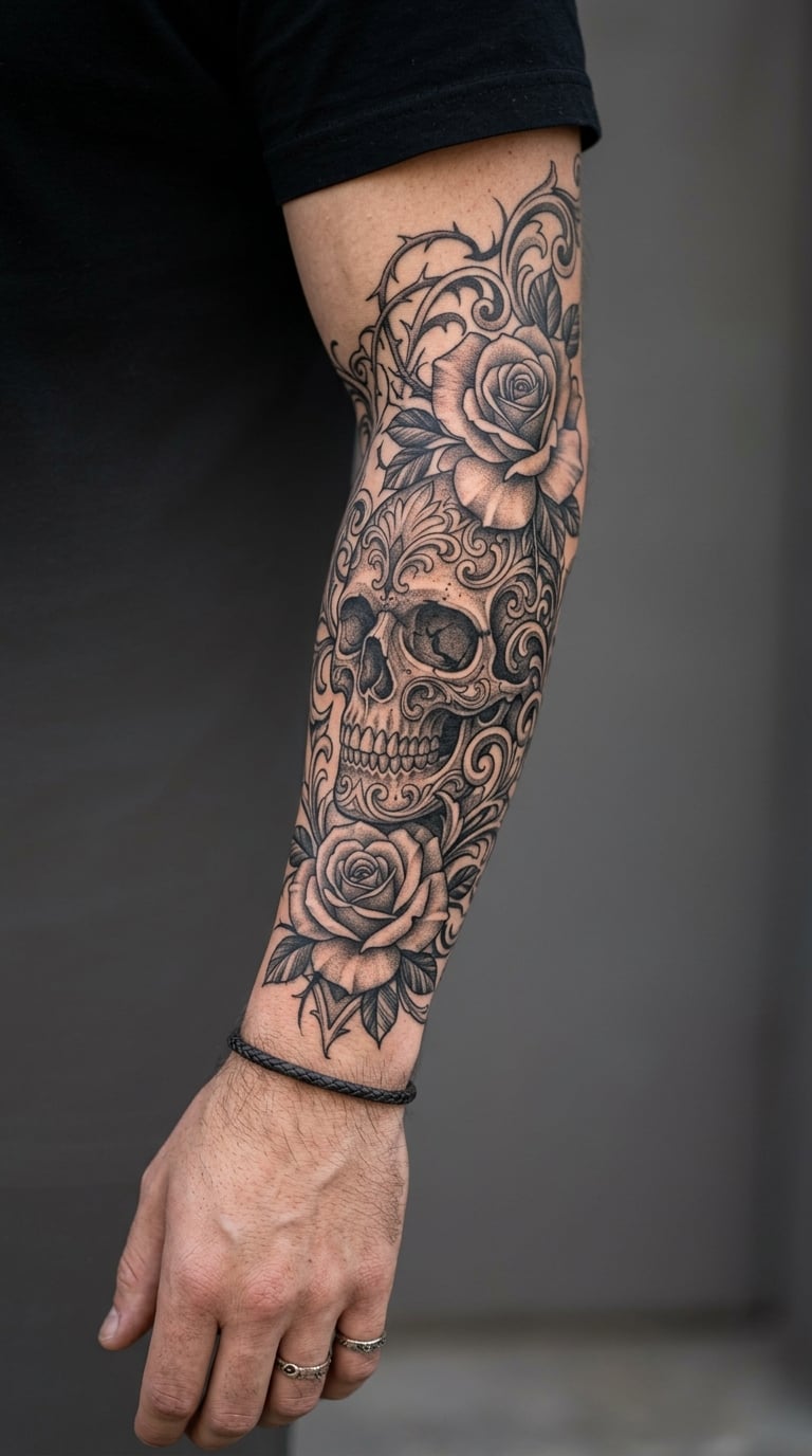 Gothic Skull with Rose Filigree Sleeve