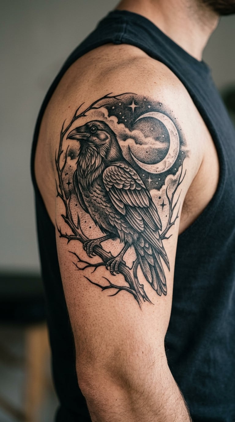 Realistic Raven and Moon Sleeve