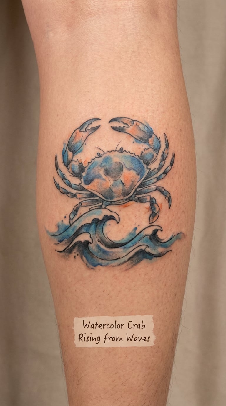 Watercolor Crab Rising from Waves
