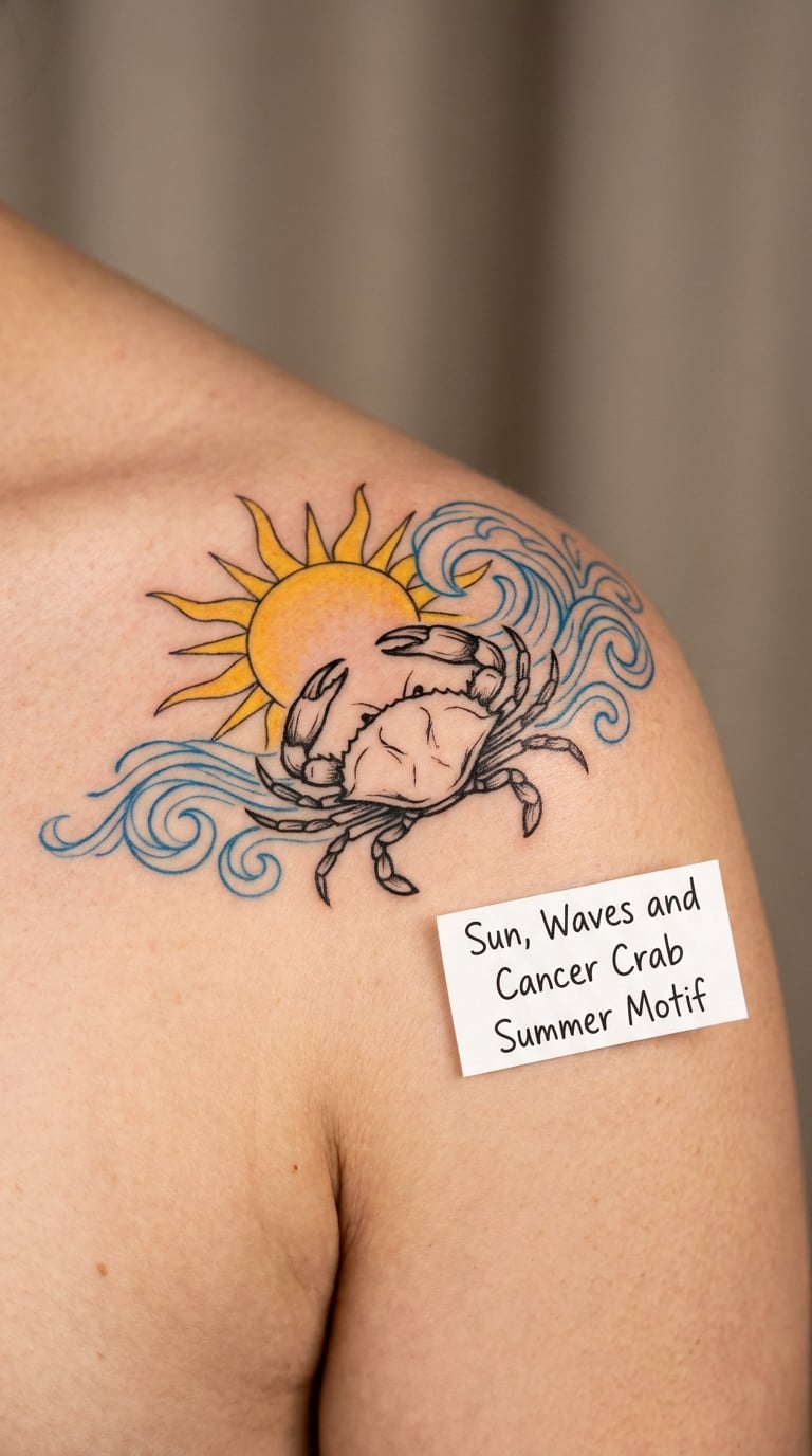 Sun, Waves and Cancer Crab Summer Motif
