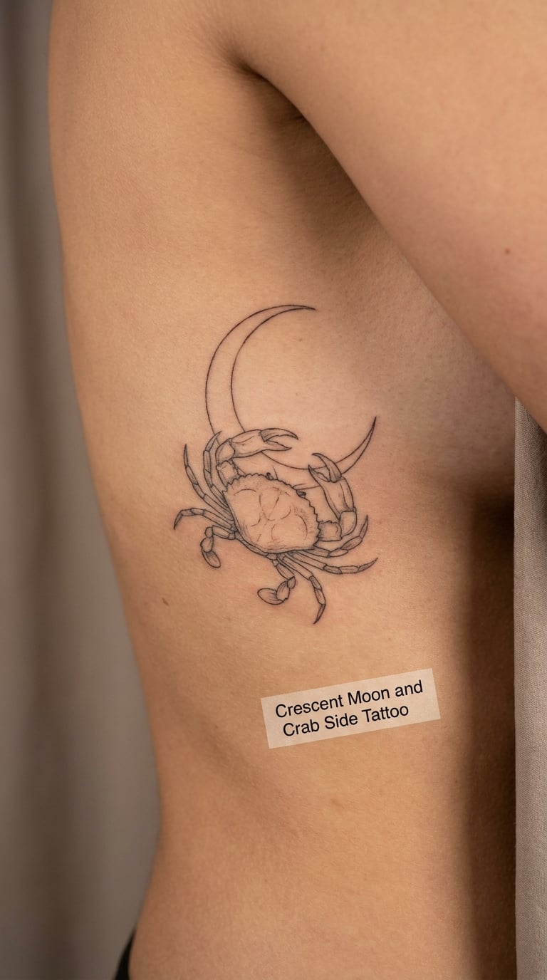 Crescent Moon and Crab Side Tattoo