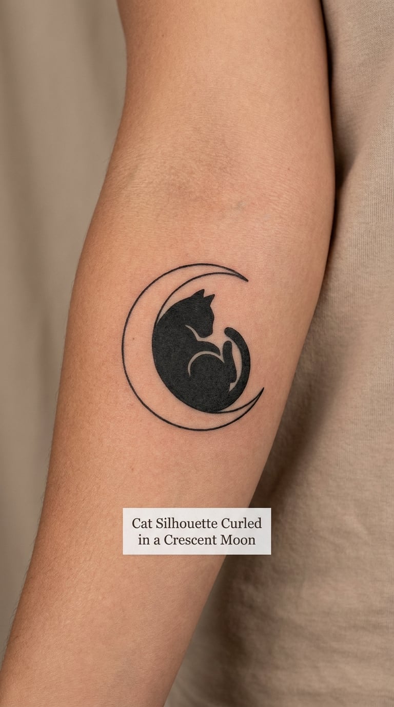 Cat Silhouette Curled in a Crescent Moon