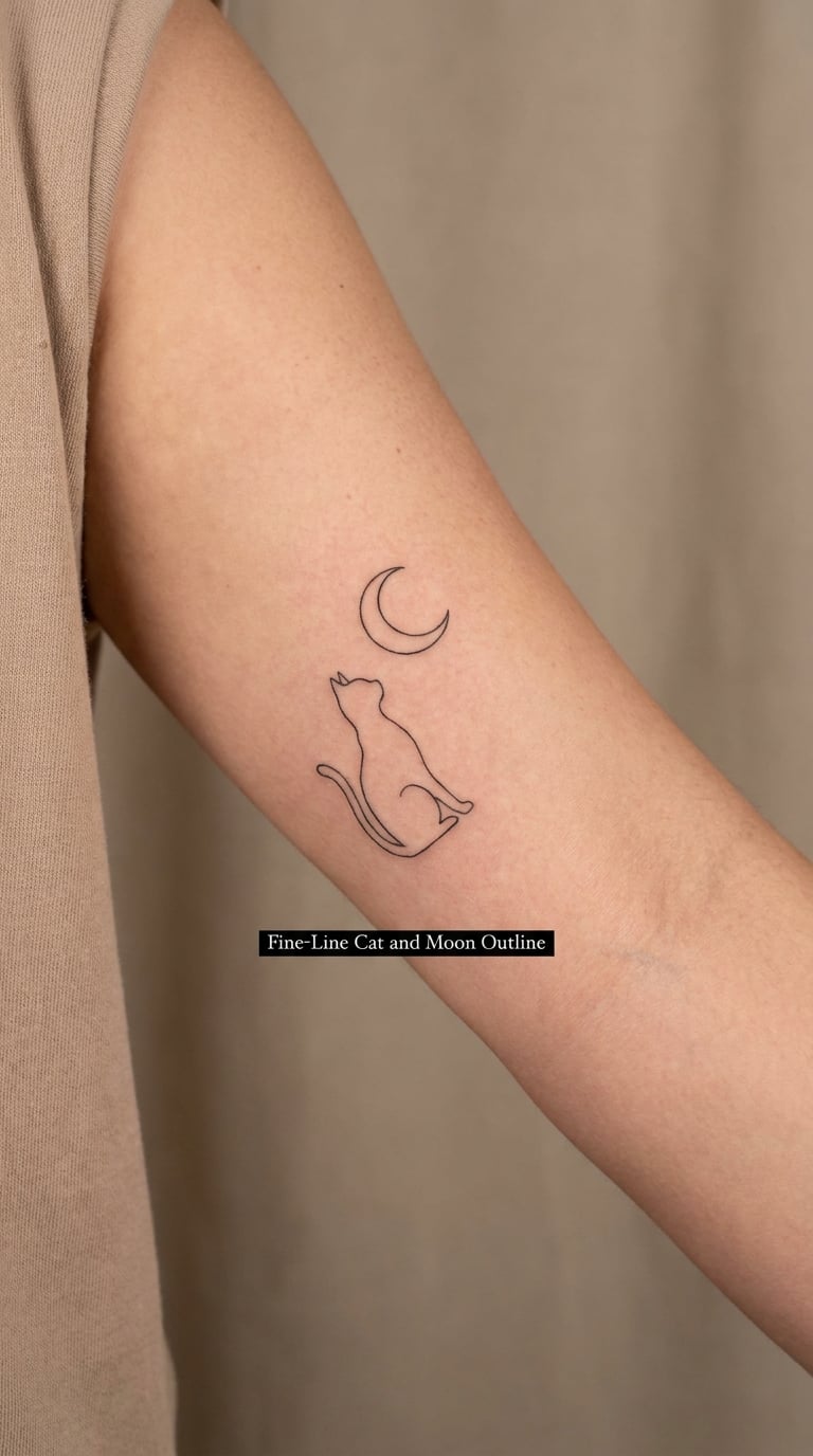 Fine-Line Cat and Moon Outline