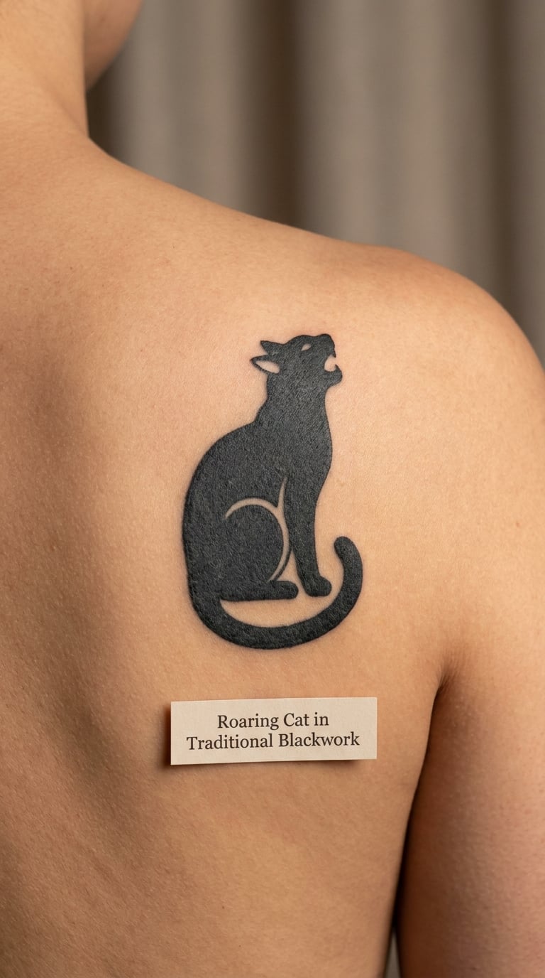 Roaring Cat in Traditional Blackwork