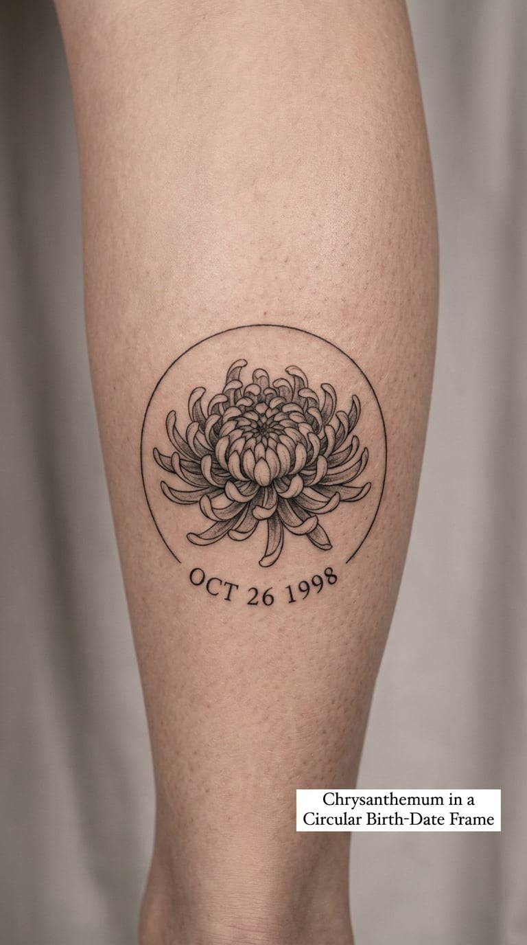 Chrysanthemum in a Circular Birth-Date Frame