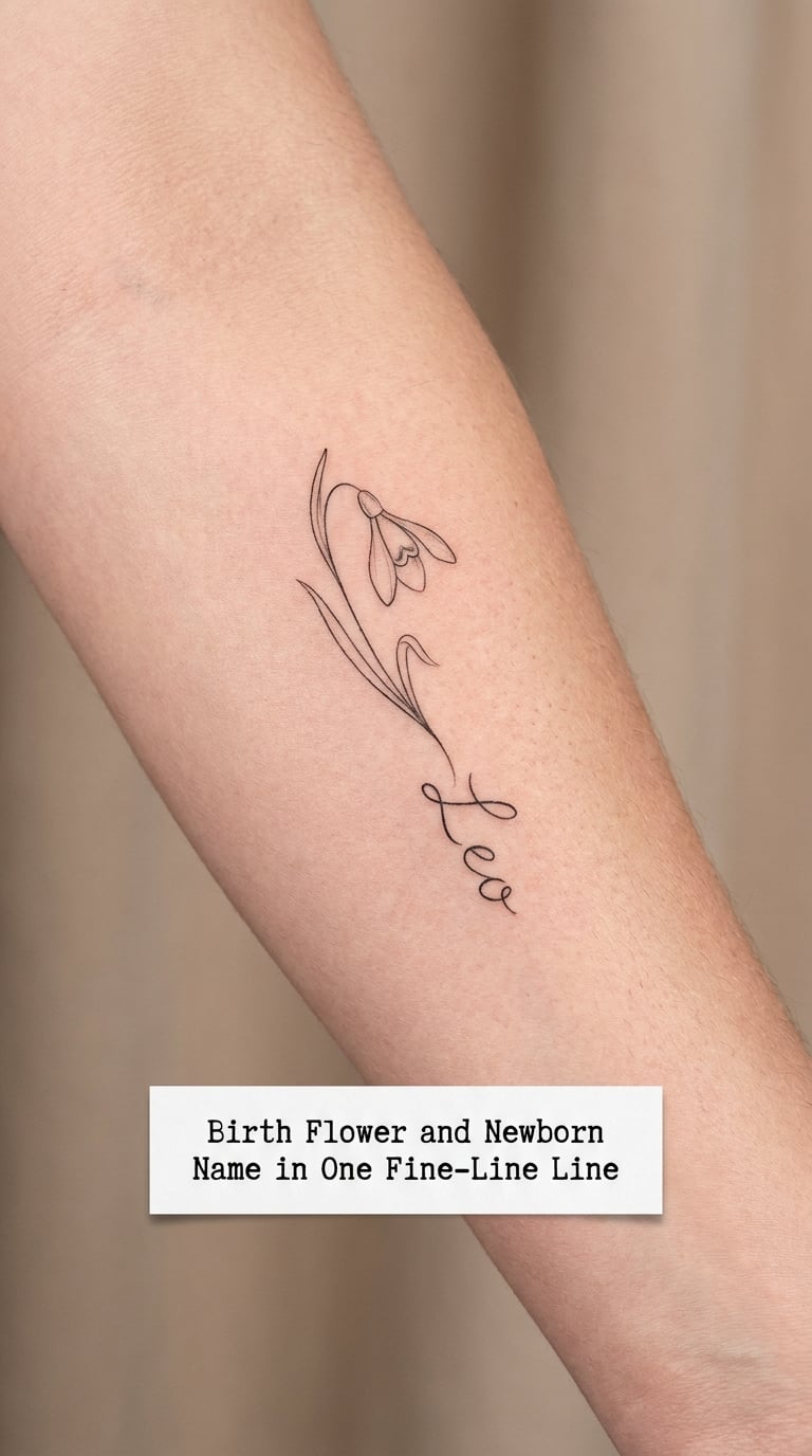 Birth Flower and Newborn Name in One Fine-Line Line