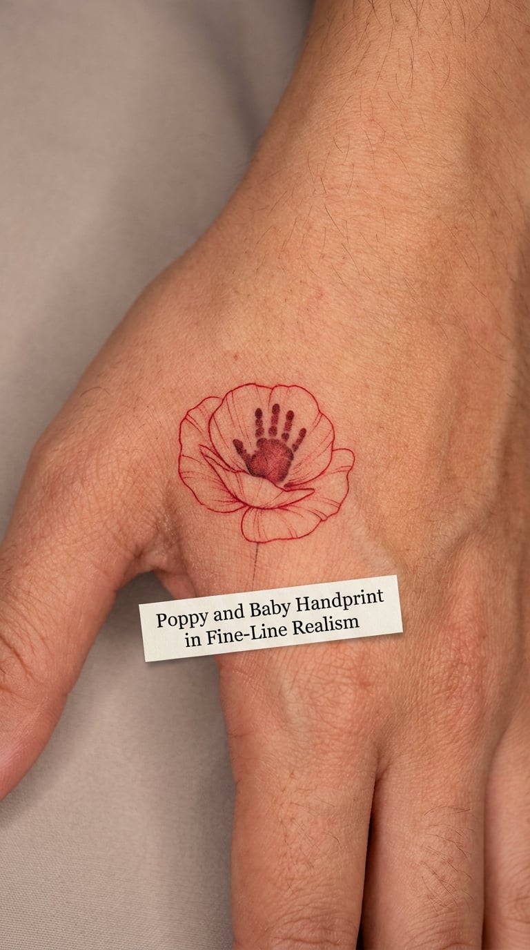 Poppy and Baby Handprint in Fine-Line Realism