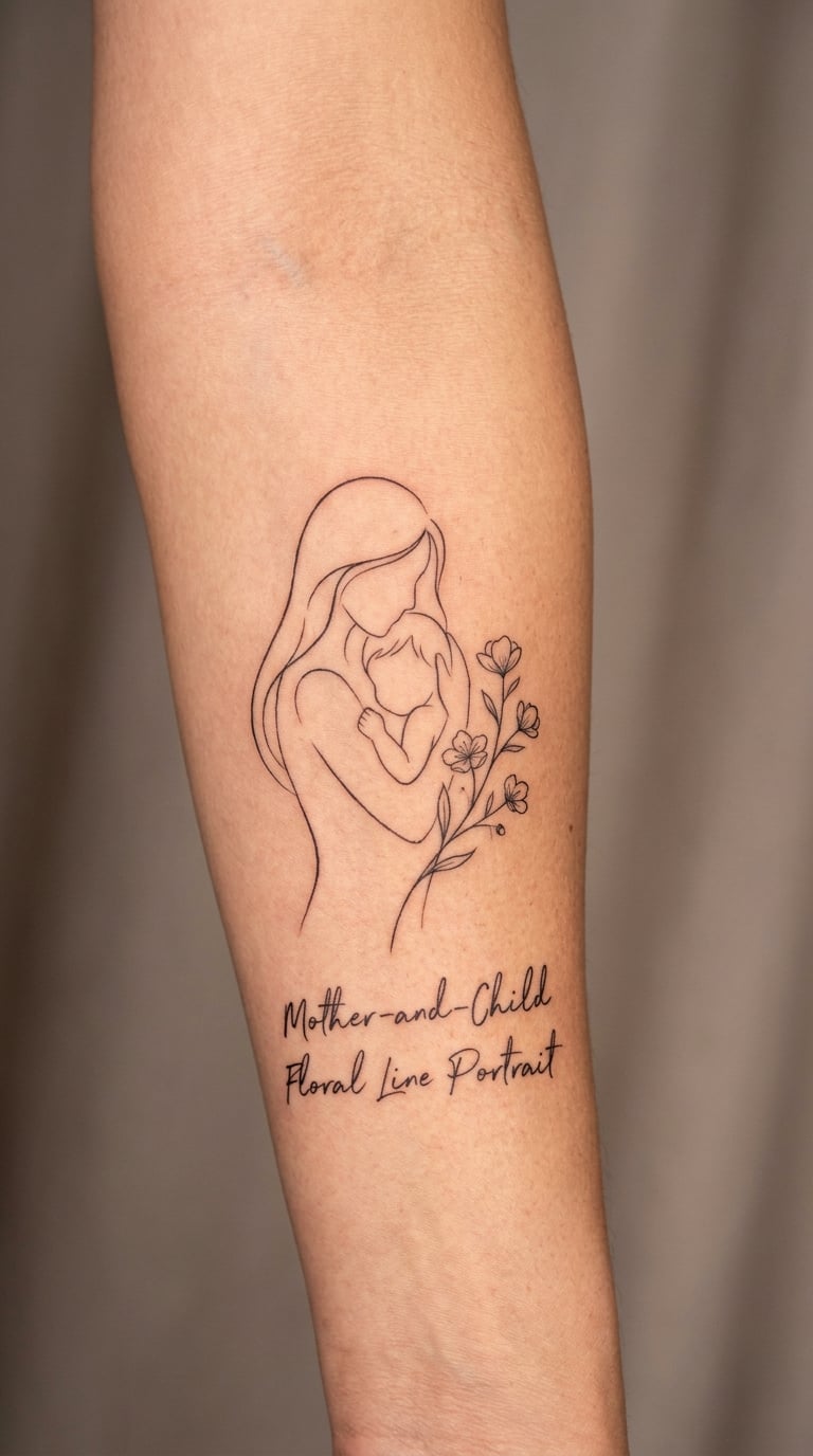 Mother-and-Child Floral Line Portrait