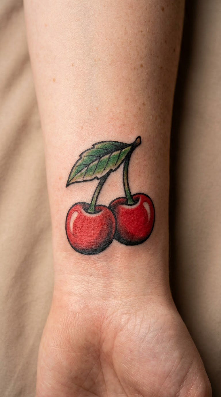 Cherry Pair With Leaf