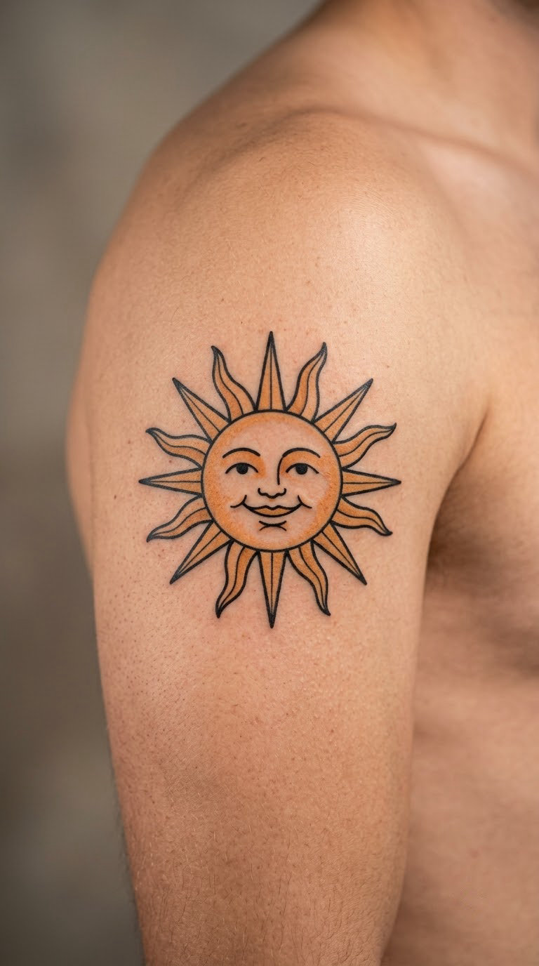 Grinning Sun in Retro Linework