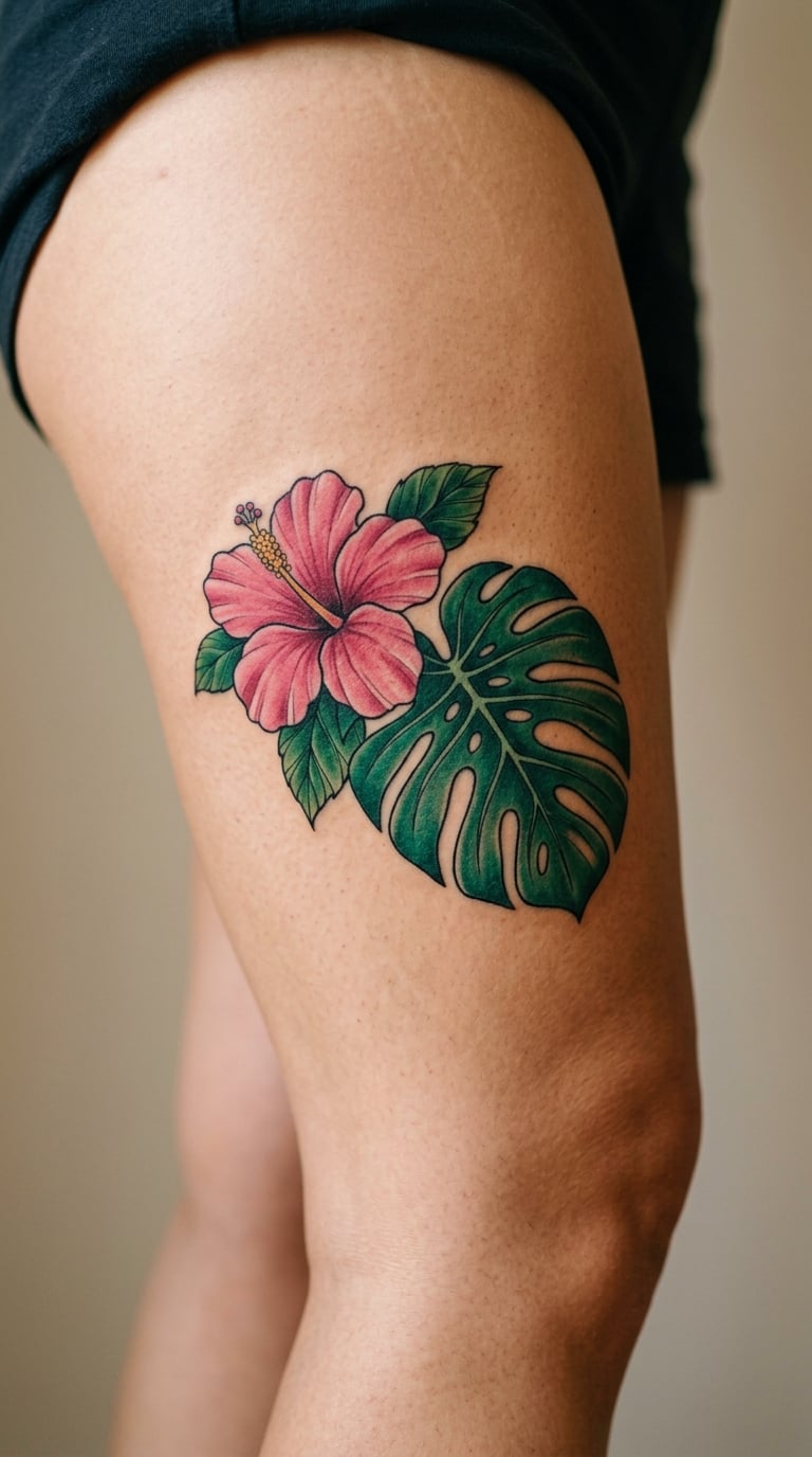Tropical Hibiscus and Monstera Pair