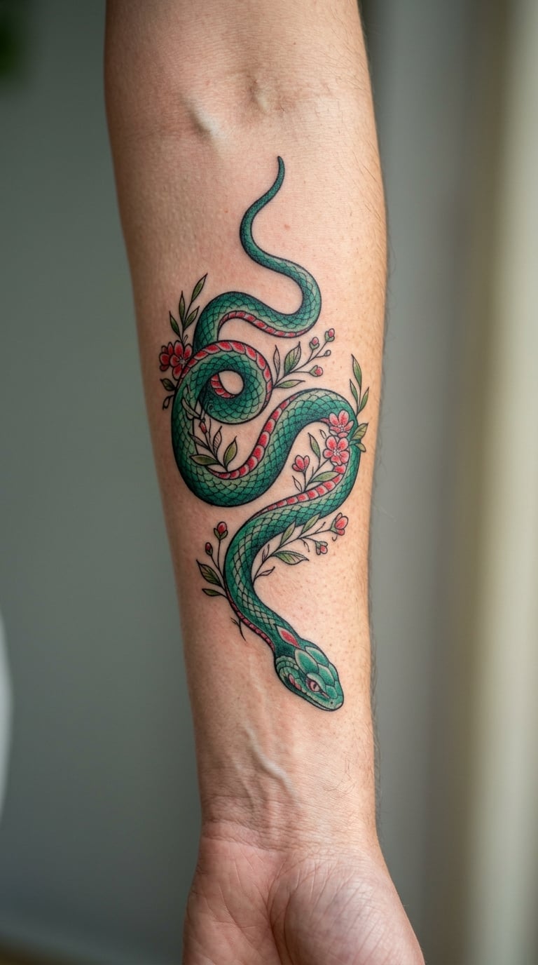 Floral Snake in Emerald and Red