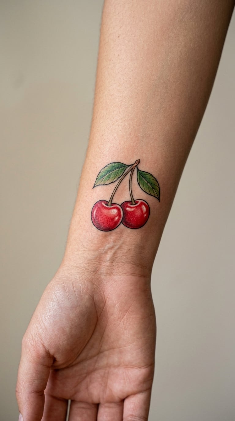 Red Cherry Pair With Green Leaves