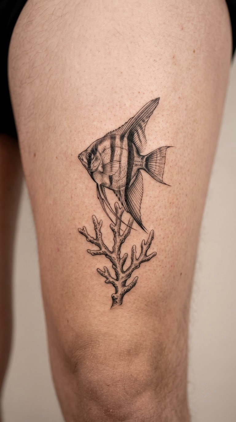 Realistic Angelfish with a Single Coral Stem